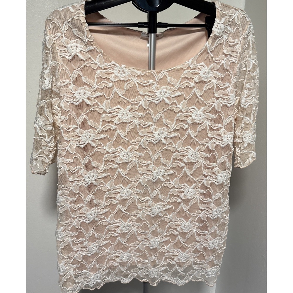 Dress Barn Woman 2X Pink Beige White Floral Lace Mesh Top Short Sleeve Plus Size